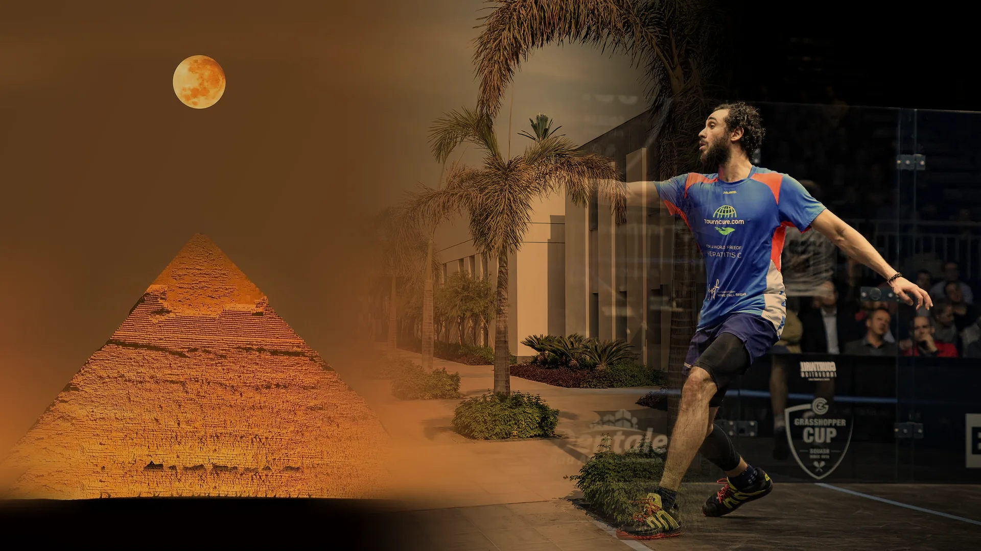 Ramy Ashour playing, blended with Sodic Eastown and the Great Pyramid of Giza under a full moon